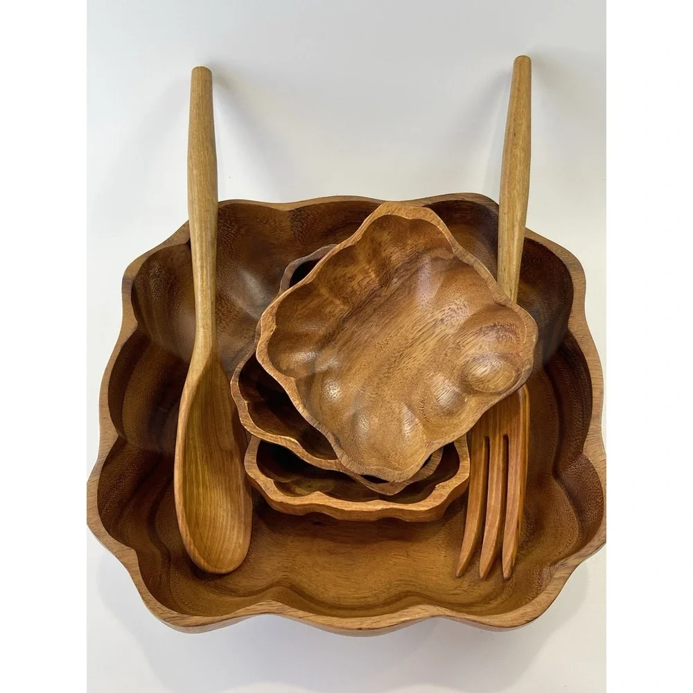 Vintage Monkey Pod Hand Carved Wooden Acacia Salad Bowl Set Serving Utensils